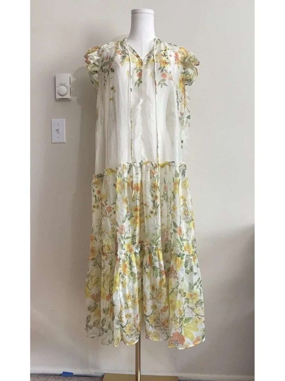 Floral Tiered Midi Dress - White & Yellow